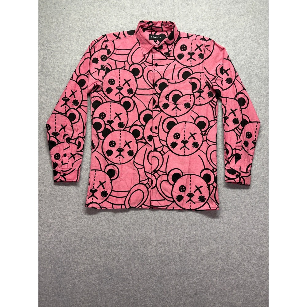 Reason Clothing Mens Pink Teddy Bear Graphic Button Up Shirt OX-3 Large